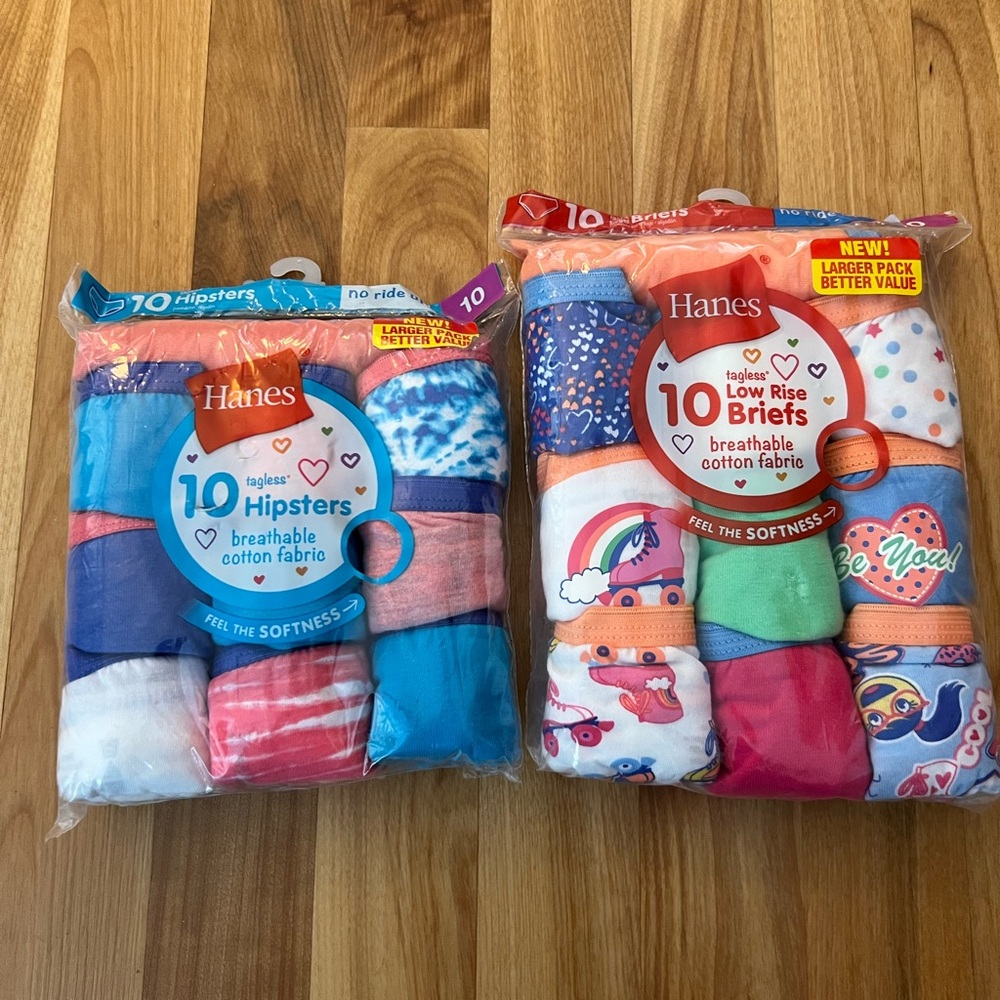 Lot of 2 Hanes Girls Pack of 10 Cotton Hipsters and Briefs Size 10 NWT